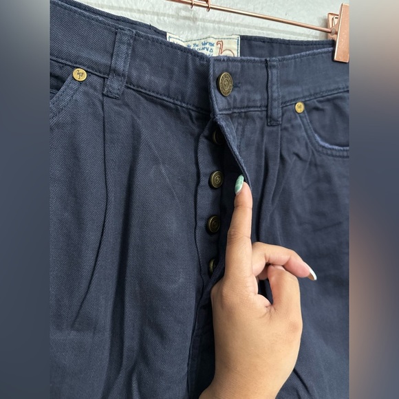 Sandrine Rose/Free People French Worker Wide Leg Buckle Pants College Blue - Picture 3 of 7